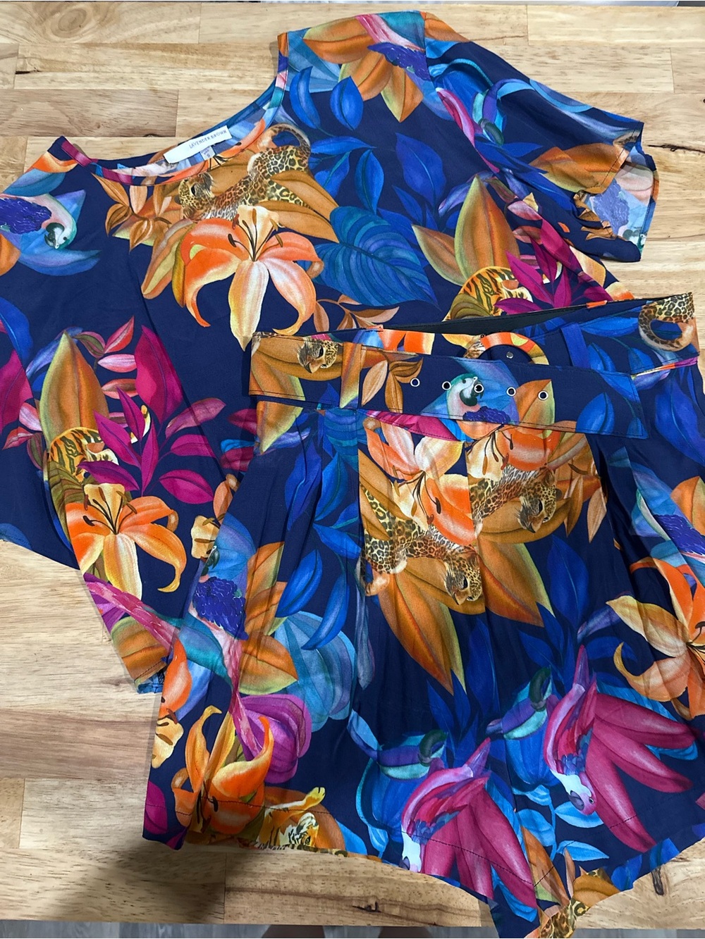 Lavender Brown Navy Floral Leopard Print shirt and short set